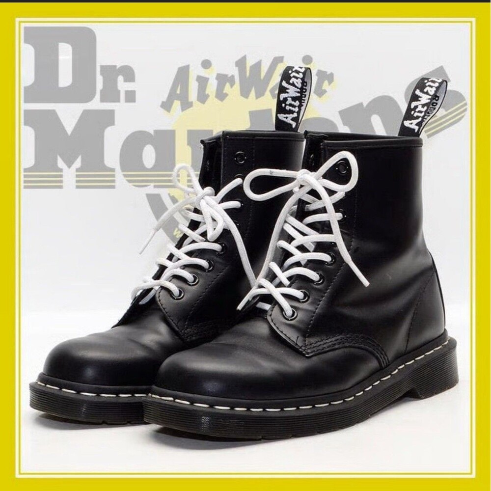 Dr. Martens 24758 Black Leather 8-Eye‎ Combat Boots Women’s Size 6 White Laces